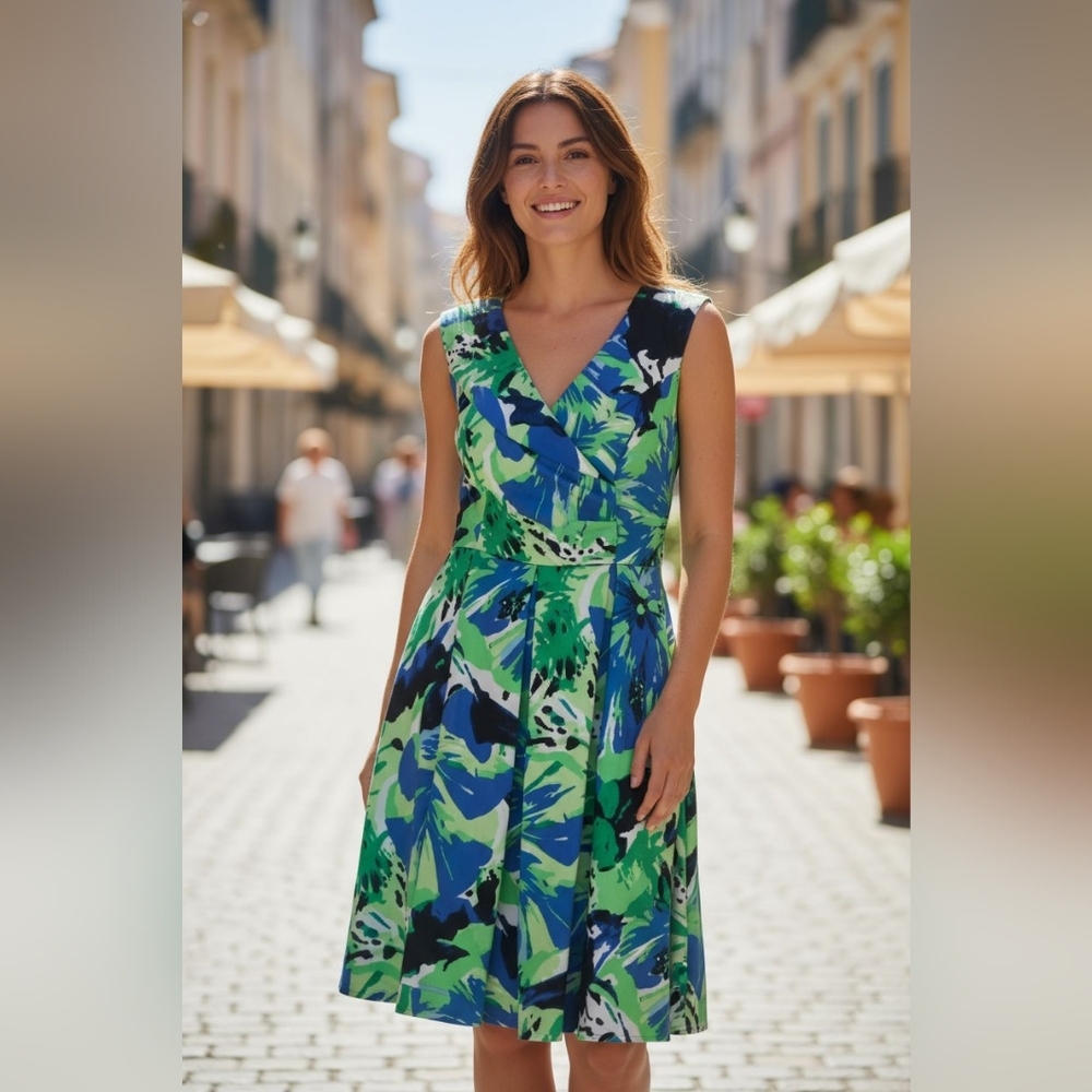 Calvin Klein Sz 14 Vibrant Green and Blue Floral Sleeveless Fit N Flare Dress